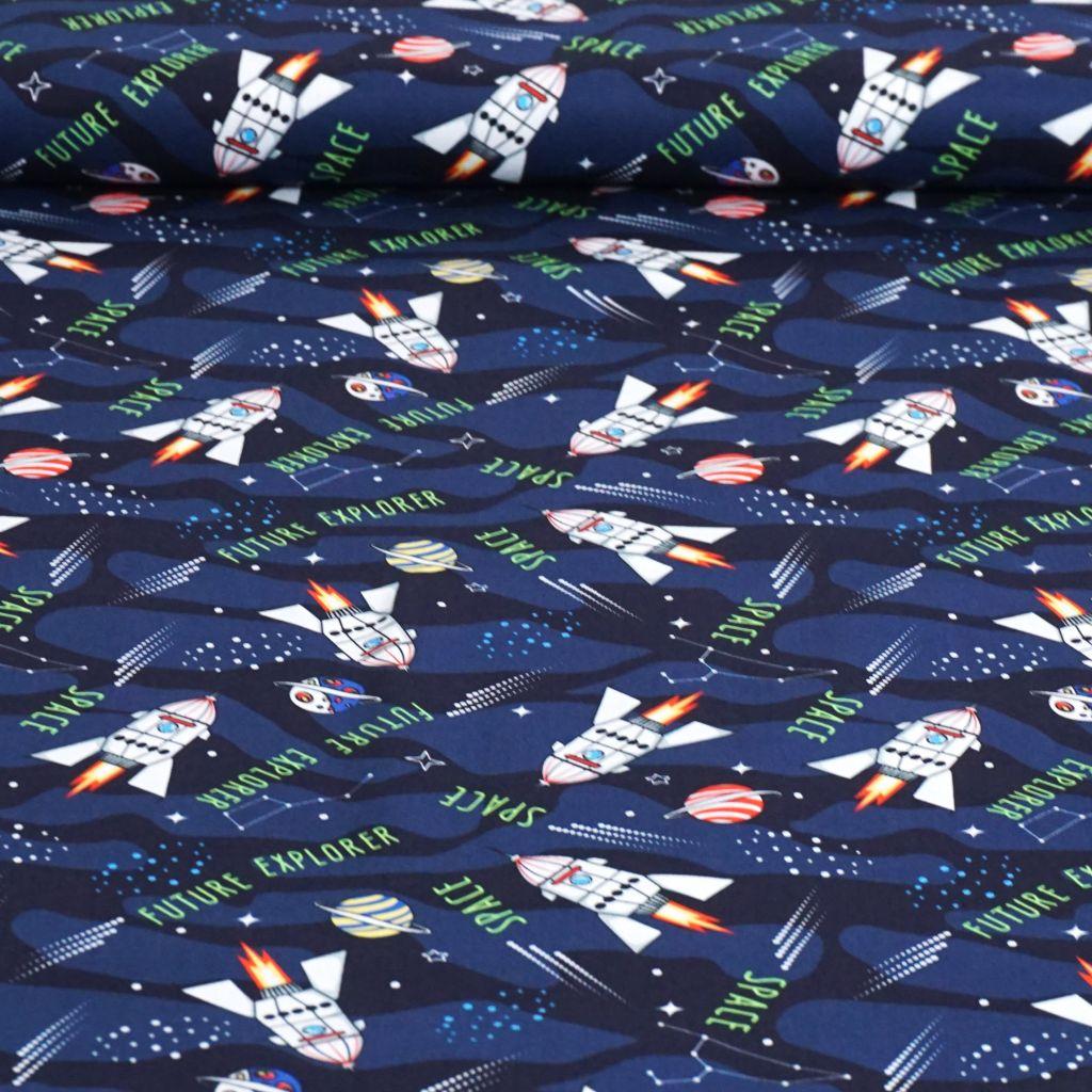 Baumwollstoff Motivdruck Raketen Space blau grau